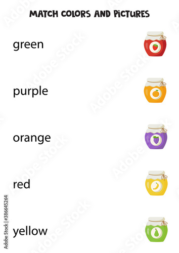 Match color words with jars of jam. Educational logical game for kids.