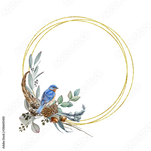 Floral round frame with bluebird watercolor illustration. Hand drawn elegant rustic winter decoration with natural elements: blue bird, eucalyptus, acorn, pinecone. Isolated on white background