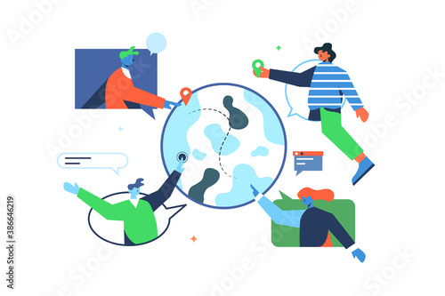Users around the world talking to each other via the internet, locations and pins, isolated on white background, flat vector illustration