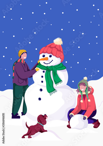 Happy couple making a snowman and playing with a puppy. Winter outdoor activity. Christmas holidays. Colorful vector illustration. © ice9