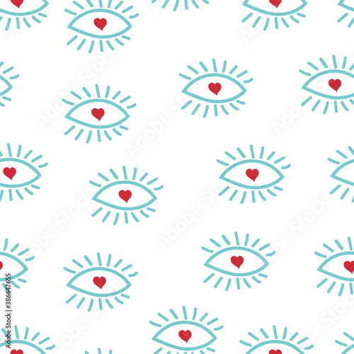 Seamless vector pattern of eye contour in a circle with a heart-shaped pupil. Flat
