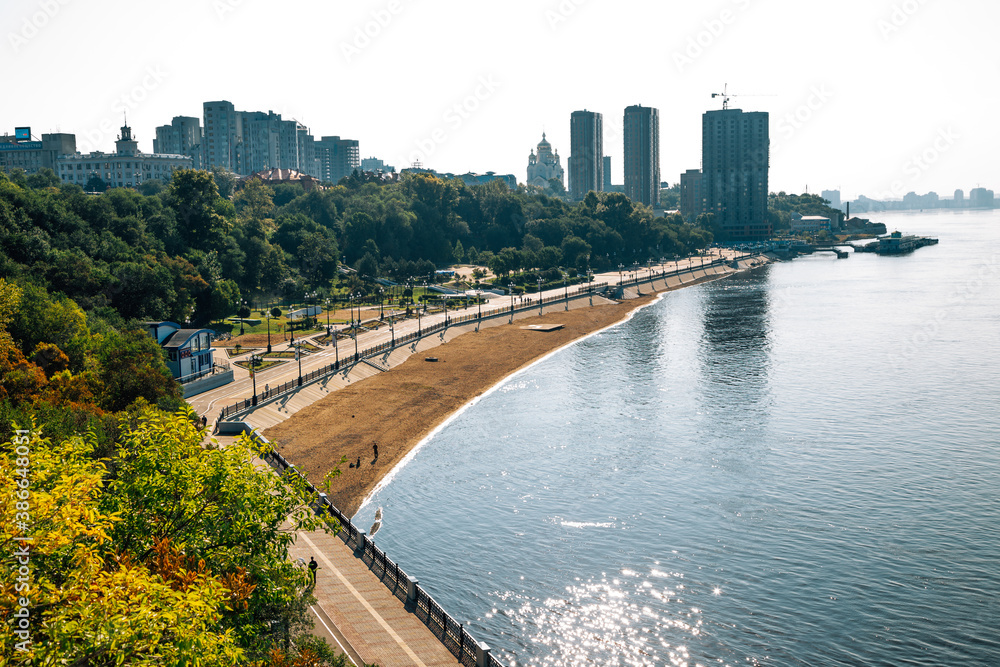 Panoramic view of Amur river and city in Khabarovsk, Russia