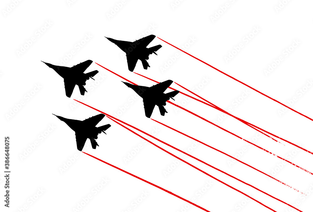 Mikoyan Mig-29 fighter aircrafts contrails. Vector silhouette - obrazy, fototapety, plakaty 