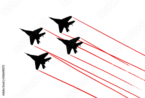 Mikoyan Mig-29 fighter aircrafts contrails. Vector silhouette