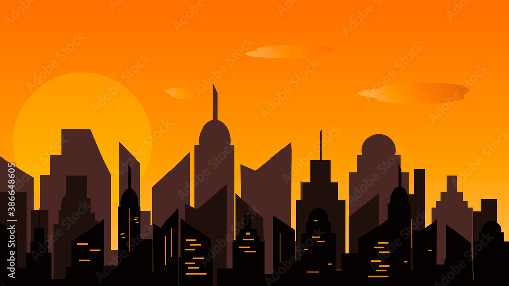 cityscape sunset Morning city in a flat style. Panorama of buildings. Vector illustration.