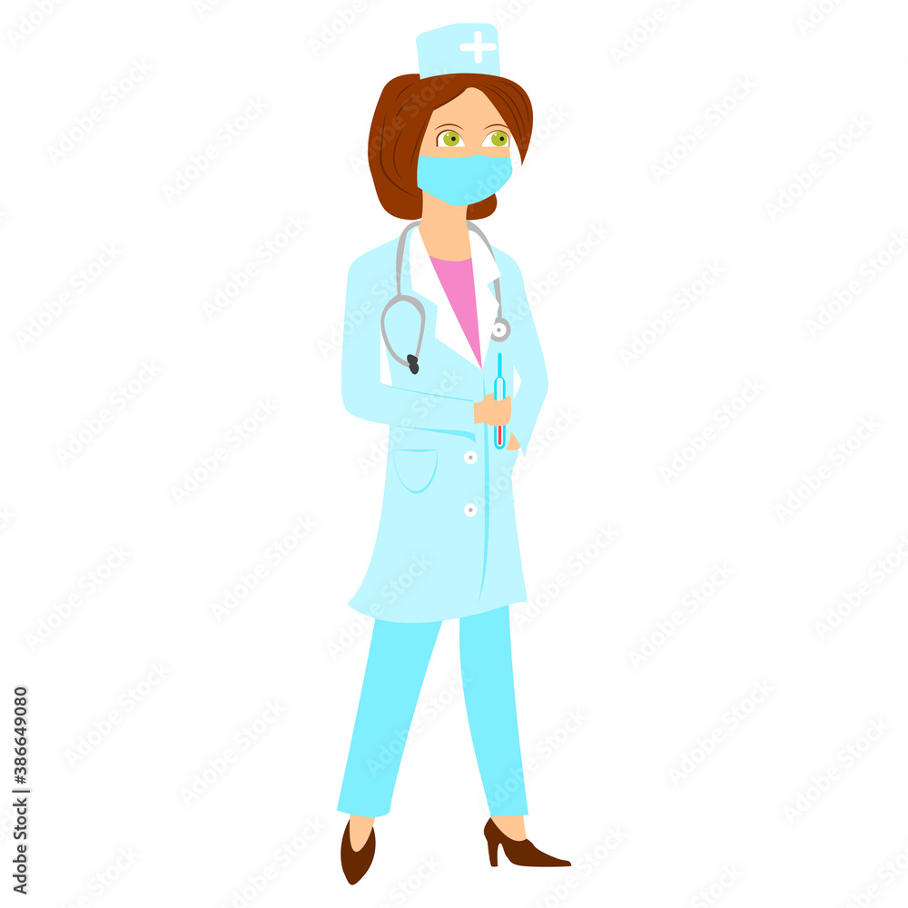 Cartoon flat doctor isolated on white. Design for poster, postcard, notebook, banner, wrapper, background. Cute girl-physician in mask for your creative design. Cartoon flat doctor isolated on white. Design for poster, postcard, notebook, banner, wrapper, background. Cute girl-physician in mask for your creative design.