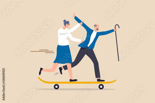Happy retirement, active senior enjoy life after retire or health care and insurance for elderly aging society concept, happy elderly couple grandpa and grandmother enjoy life running on skateboard.
