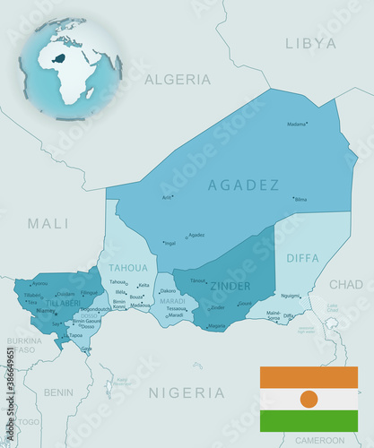 Blue-green detailed map of Niger administrative divisions with country flag and location on the globe.