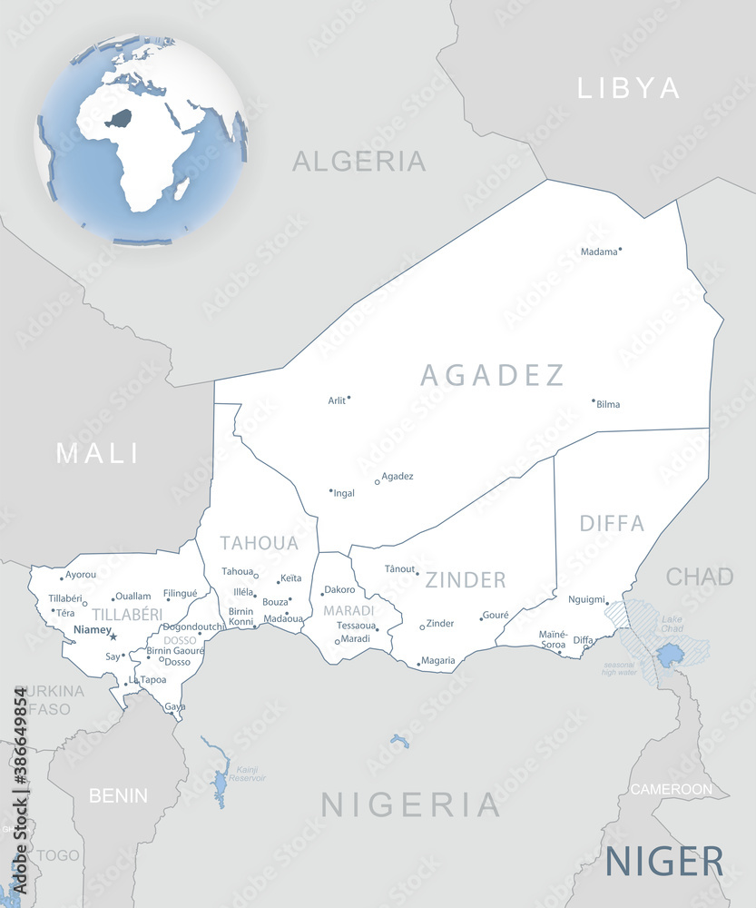 Blue-gray detailed map of Niger administrative divisions and location on the globe.