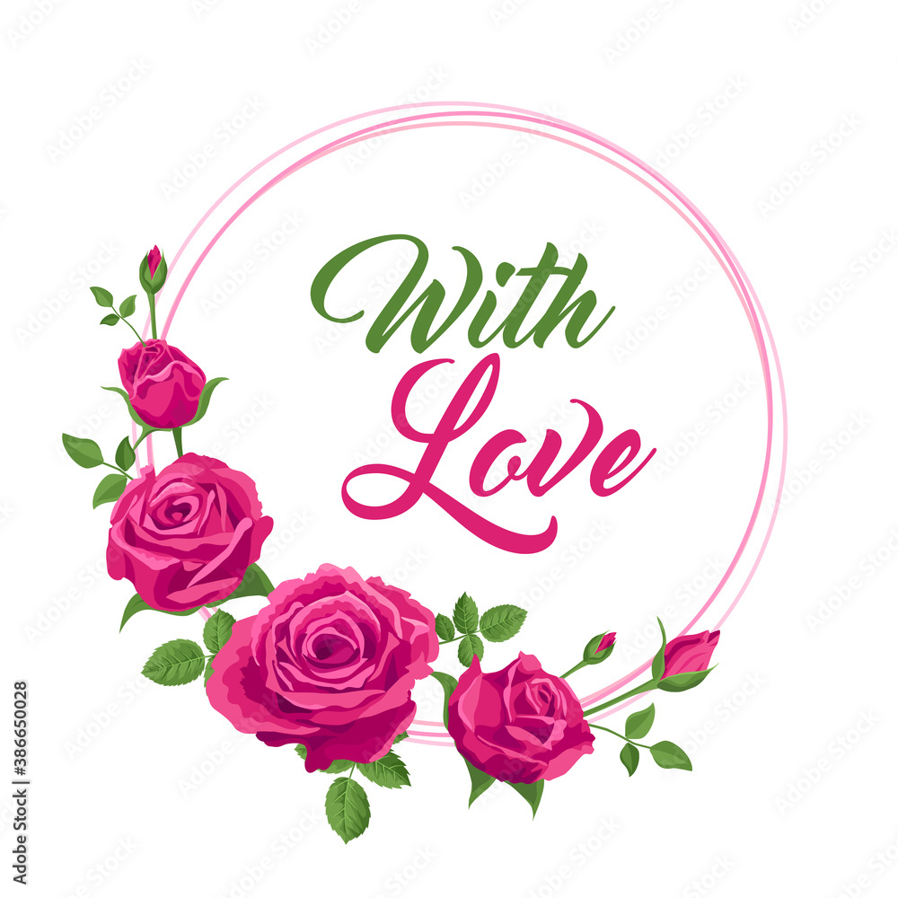 Obraz With love card. Vector illustration, valentine card. Pink roses and text With love. Cute art, Vector design concept for Valentines Day.