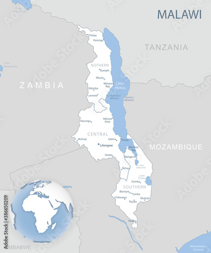 Blue-gray detailed map of Malawi administrative divisions and location on the globe.