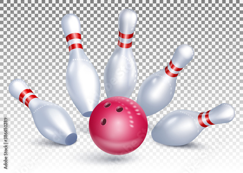 The bowling ball hits the pins. Bowling tournament. Accurate strike. 3d realistic vector illustration. Isolated on transparent background.
