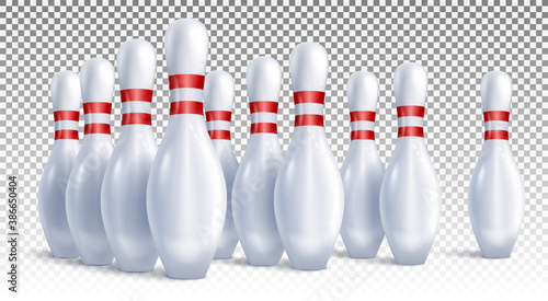 Bowling pins arranged for play and tournament side view. Isolated on transparent background. 3d realistic vector illustration.