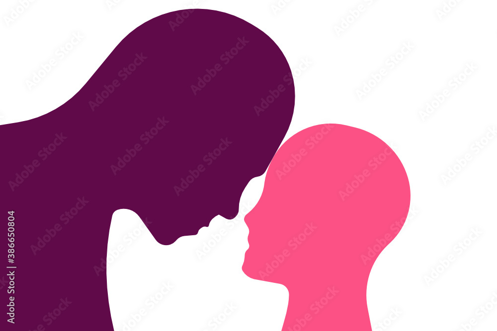 Adult and child human face to face concept line art. Simple shapes illustration. Vector.