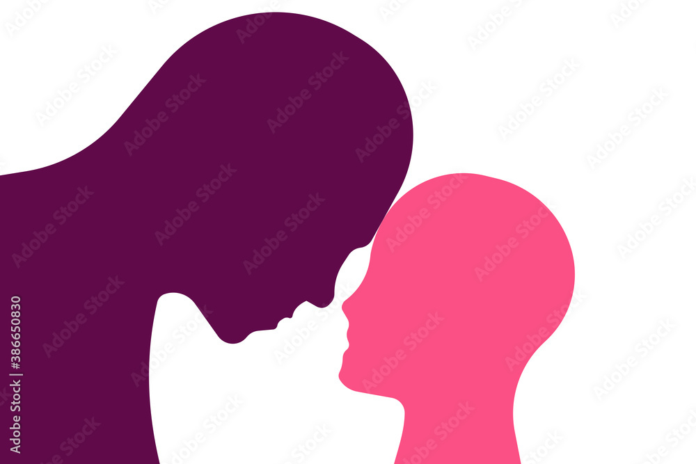 Adult and child human face to face concept line art. Simple shapes illustration.  Vector.