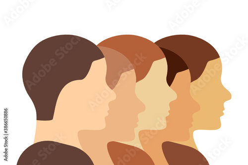 Caucasian (white) ethnicity people illustration. Human heads profiles in a row showing diversity and unity. Line art vector.