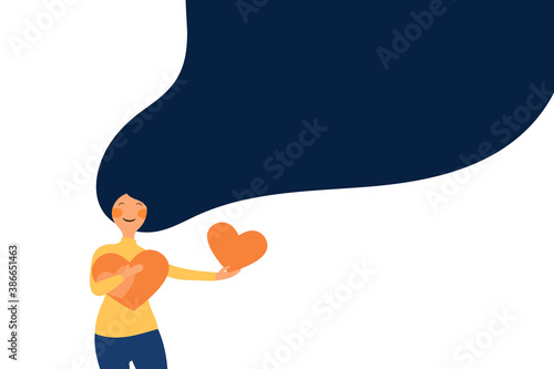 Young woman hugs and holding few heart with love and care. Girl with long hair holds orange heart in her hands. Self care and body positive concept. flat vector illustration