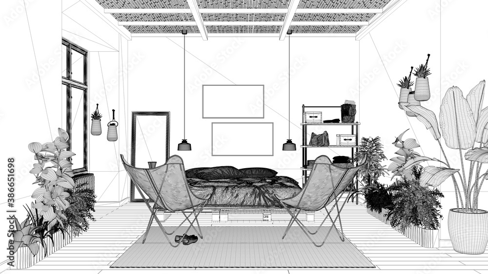 Blueprint project draft of country rustic bedroom, eco interior design, sustainable parquet, pallet bed with pillows, armchairs, potted plants. Natural recyclable architecture concept