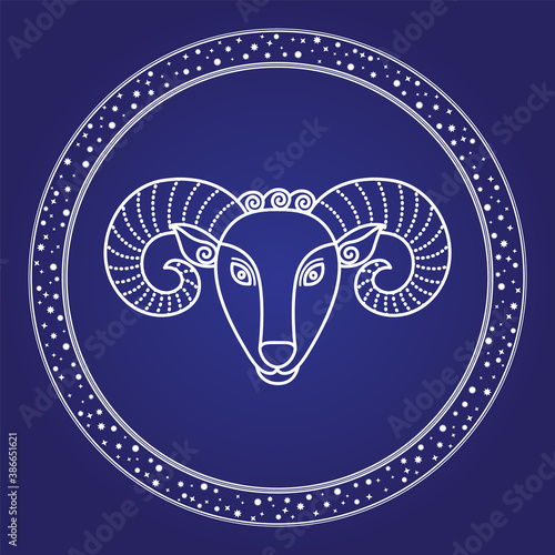 Horoscope Aries zodiac symbol of cosmic sky. Card horns head of firs astrological character isolated on blue. Astronomy emblem outline of stars shape sign. Mythology object in starry circle vector