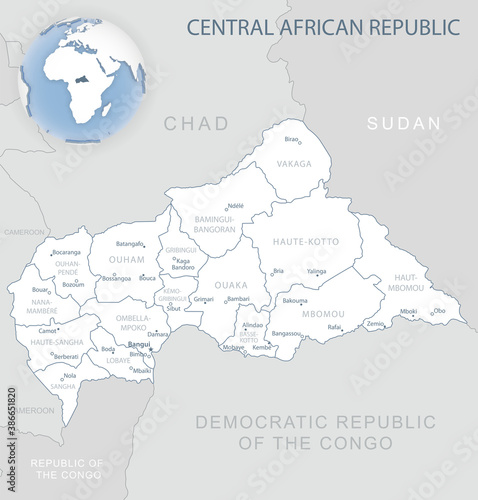 Blue-gray detailed map of Central African Republic administrative divisions and location on the globe.