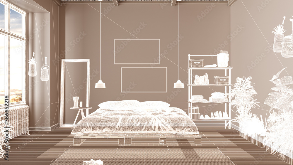 Empty white interior with parquet floor and big panoramic window ...