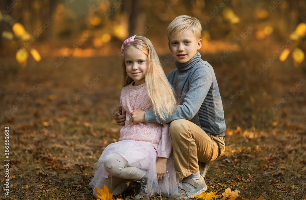 Happy children outdoors. Two kids having fun in autumn park. Cute little brother and sister on a walk in autumn day. Family, fashion, vacation and lifestyle concept. Happy children outdoors. Two kids having fun in autumn park. Cute little brother and sister on a walk in autumn day. Family, fashion, vacation and lifestyle concept.