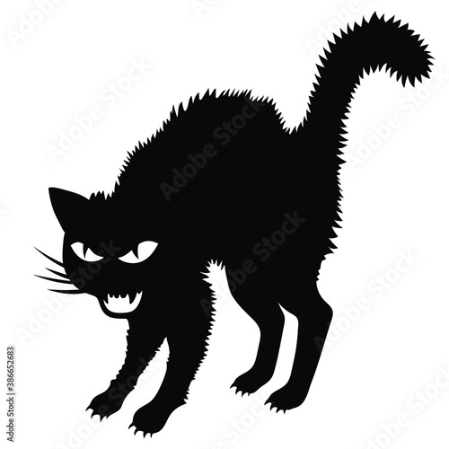Angry black cartoon cat. Halloween sign isolated on white. Vector illustration.