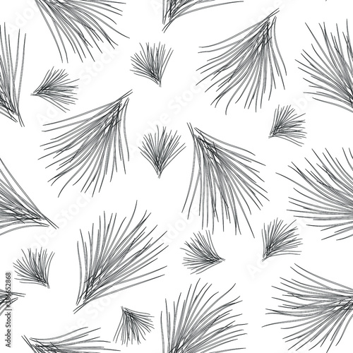 Tufts of pine needles on a white background. Vector seamless pattern. Monochrome illustration.