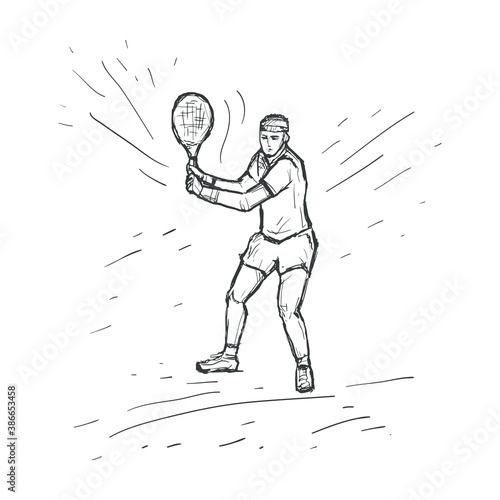 Tennis player with racquet. Sketch vector hand drawn Illustration. Sport concept. Black line isolated on white