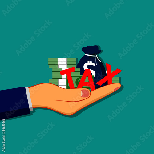 Businessman hand holding money and taxes. Tax refund ideas. vector