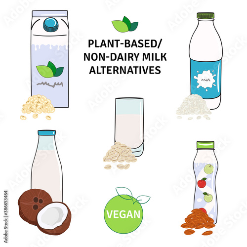 Set of plant-based, non-dairy milk alternatives. Milk bottle and carton box, yogurt