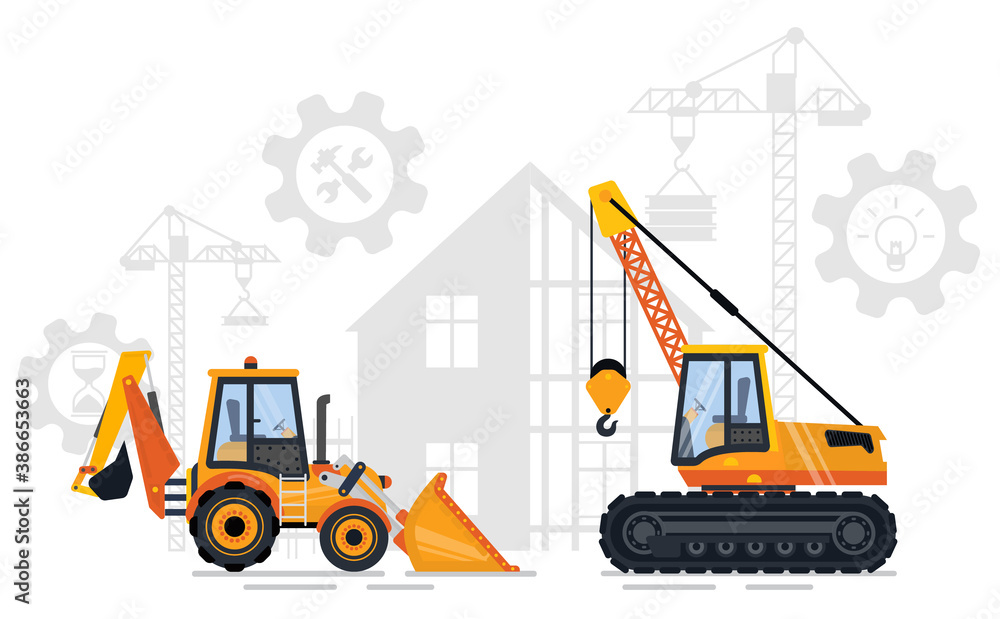 Construction equipment vector, bulldozer and loader crane with hook. Building with gears and cogwheels, creating new infrastructure in city flat style Construction equipment vector, bulldozer and loader crane with hook. Building with gears and cogwheels, creating new infrastructure in city flat style