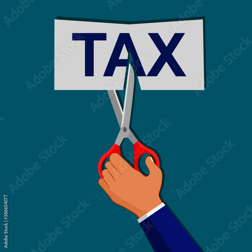 businessman hand cutting word tax with scissors. Business finance concept vector