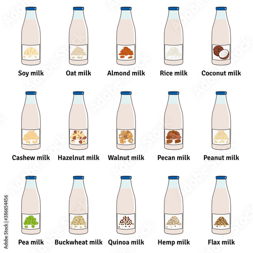 Set of bottles with plant-based milk. Vegan milk