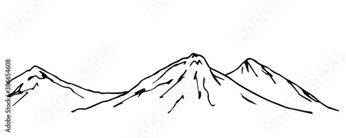 Hand-drawn simple vector drawing. Horizontal mountain landscape, nature of mountainous countries. Wildlife of the north. Panoramic sketch in ink.