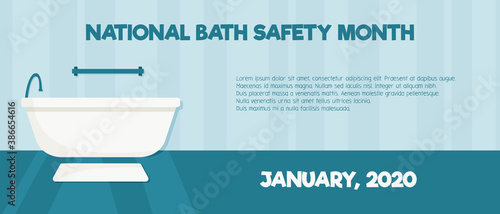 Banner for national bath safety month. Bathtub with grab bars and non slip mat. Safe interior for seniors and elderly people. Vector flat horizontal illustration with copy space