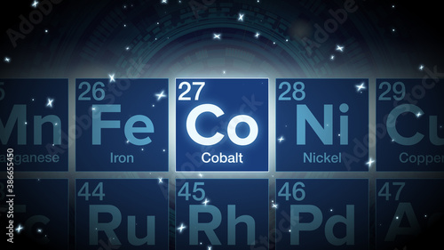 Close up of the Cobalt symbol in the periodic table, tech space environment.
