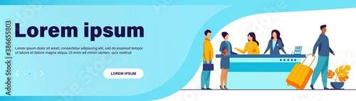 Friendly receptionists from hotel registration desk help client vector illustration. People waiting in queue for consultation. Concierge talking with traveler concept for presentation slides