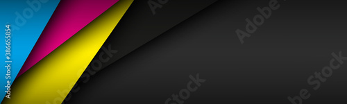 Black modern material header with overlapped layers with cmyk colors. Banner for your business. Vector abstract widescreen background