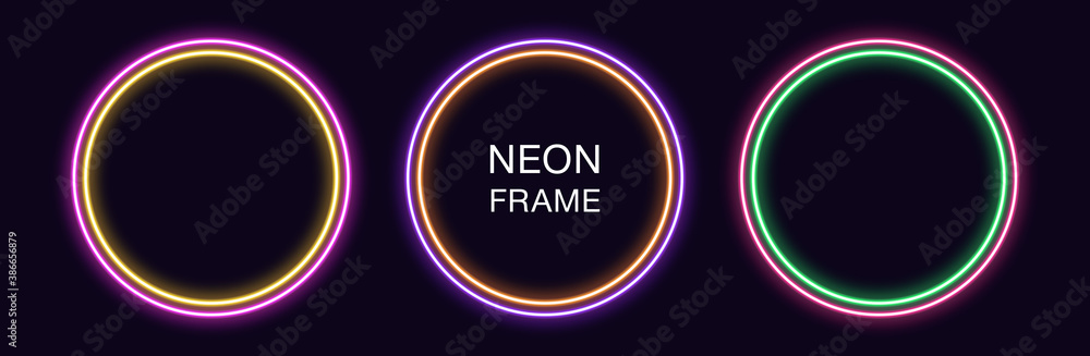 Neon circle Frame. Set of round neon Border with double outline. Geometric shape Neon circle Frame. Set of round neon Border with double outline. Geometric shape