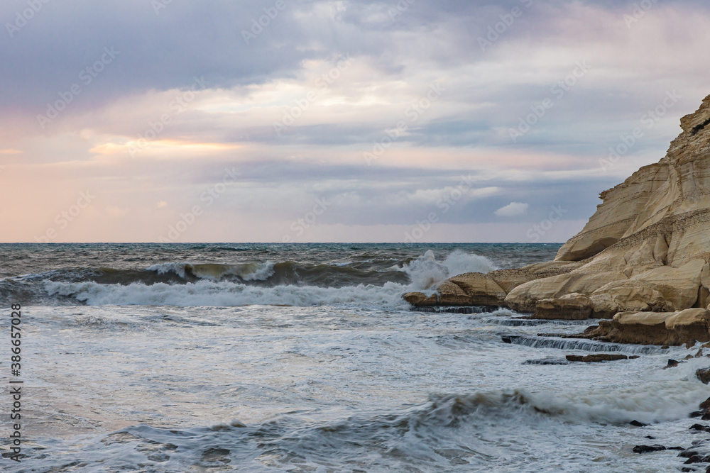 Stormy  weather in the evening on the Mediterranean coast near Rosh HaNikra in Israel