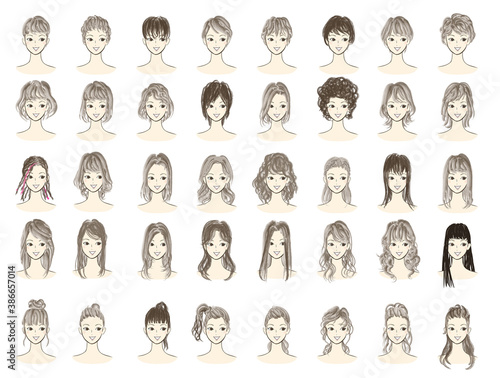 若い女性のヘアスタイルのイラスト集合　おしゃれな髪型のファッション系ベクターイラストのセット　