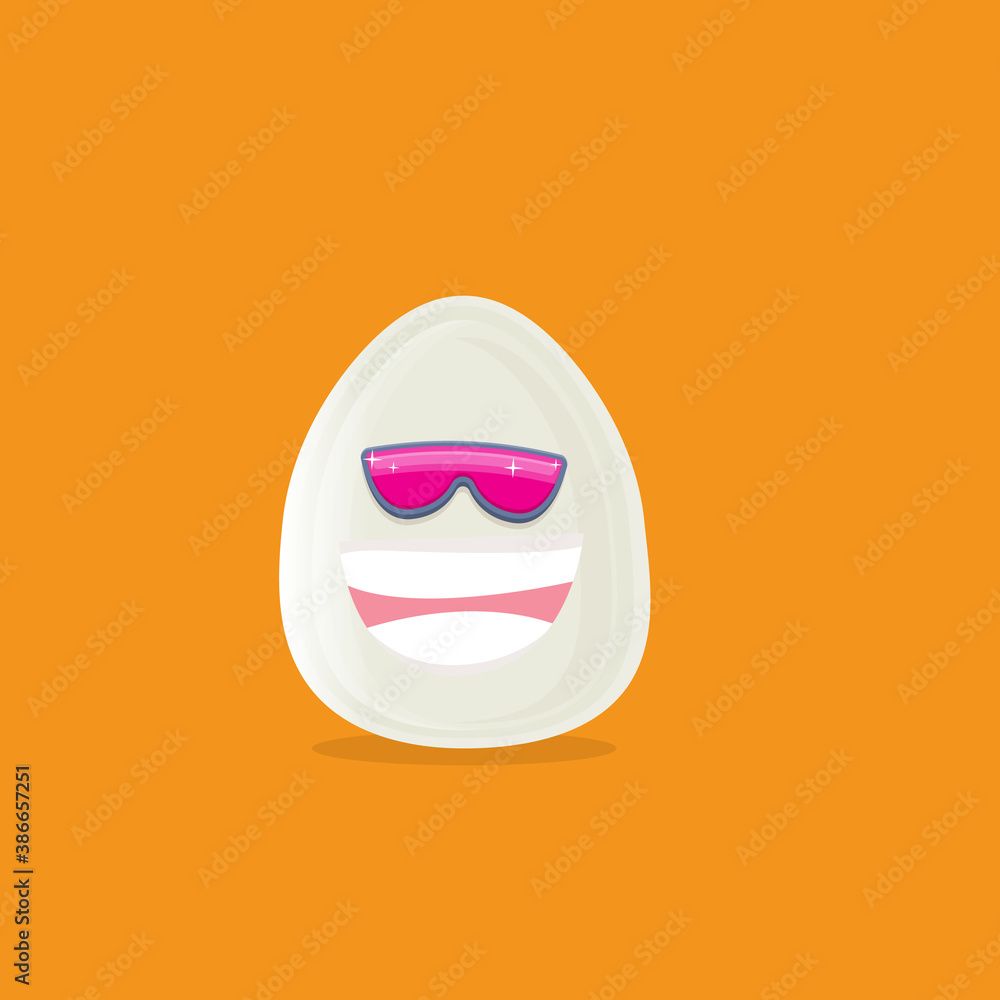vector funny cartoon egg character with sunglasses isolated on orange background. funky smiling cool white egg sticker vector funny cartoon egg character with sunglasses isolated on orange background. funky smiling cool white egg sticker