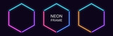 Neon hexagon Frame. Set of hexagonal neon Border in 3 angular parts. Geometric shape
