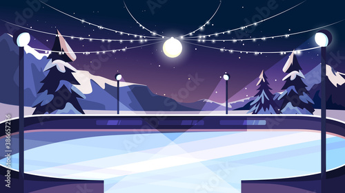 Night ice rink. Winter public park.