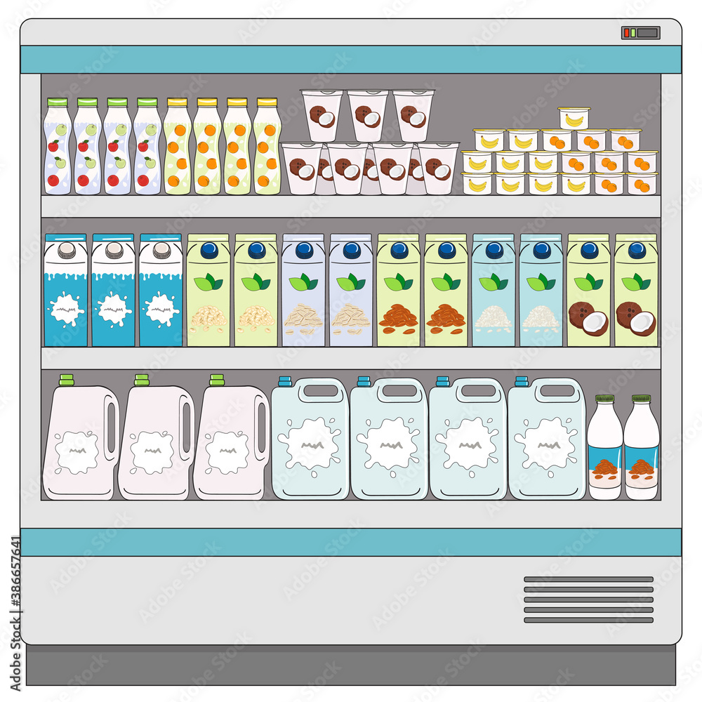 Fototapeta premium Dairy and vegan milk alternatives on fridge shelves in supermarket