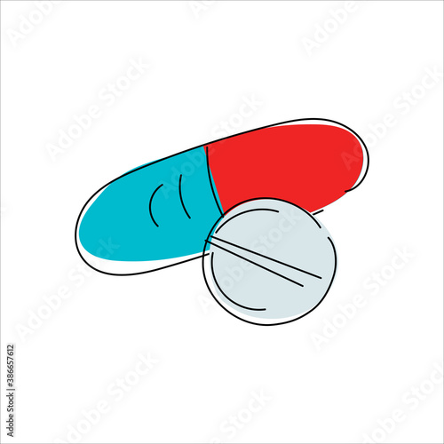 Hand-drawn vector illustration of medicines. Vitamins Tablet and capsule. Treatment. Medication. Buds. Medicines Flat.