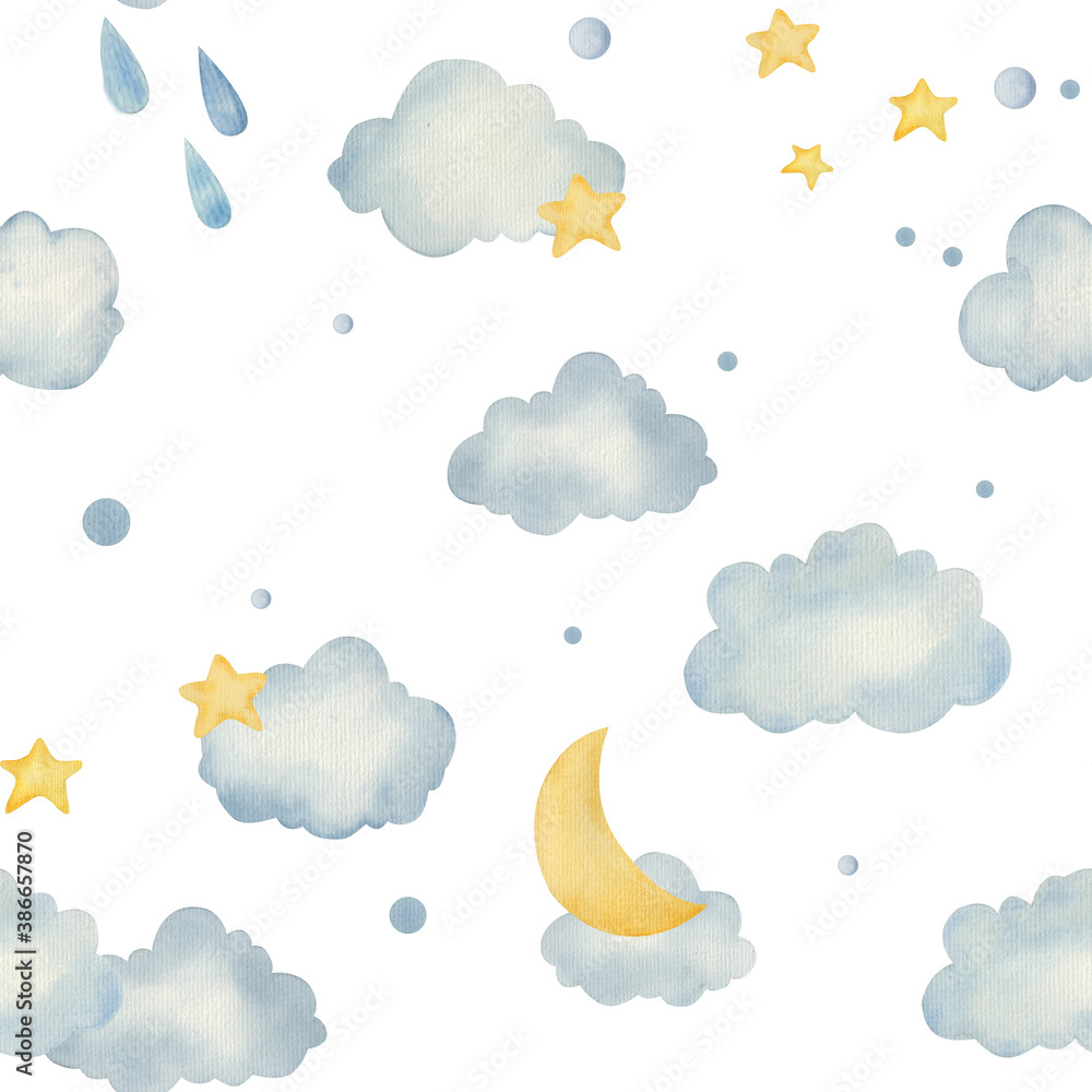 Obraz cute childish seamless pattern with clouds and moon, raindrops, watercolor illustration
