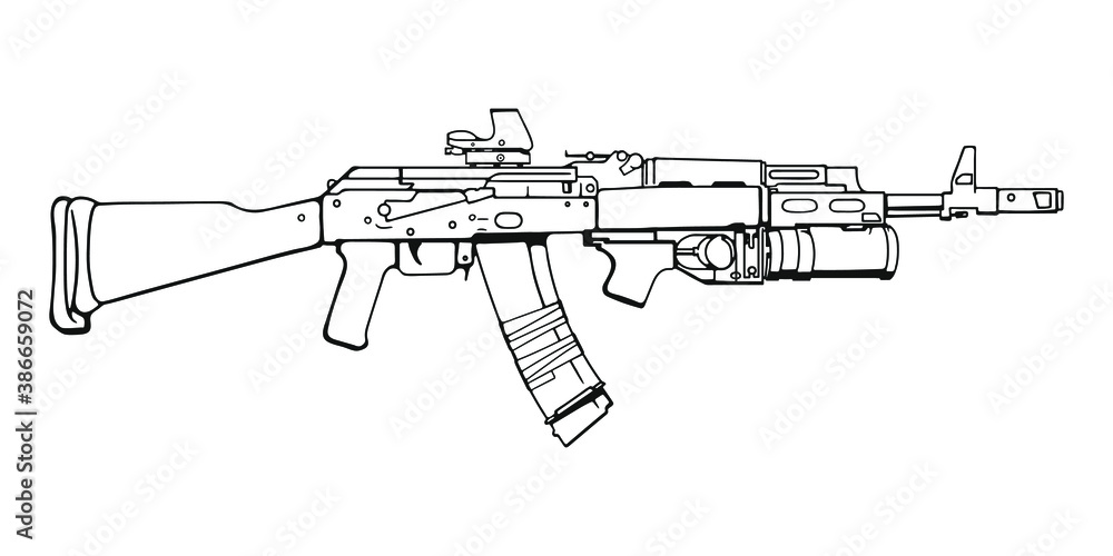 Russian assault rifle AK-47 with reflex sight and grenade launcher. Vector Outline Illustration