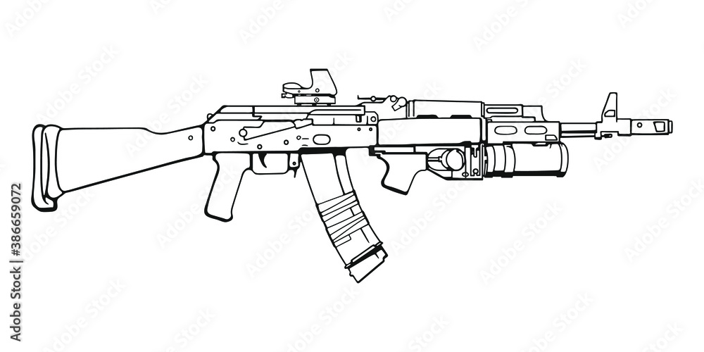 Russian assault rifle AK-47 with reflex sight and grenade launcher. Vector Outline Illustration Russian assault rifle AK-47 with reflex sight and grenade launcher. Vector Outline Illustration